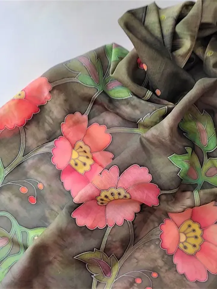 Pink and green scarf Hand painted scarf Floral scarves Cotton and silk scarf