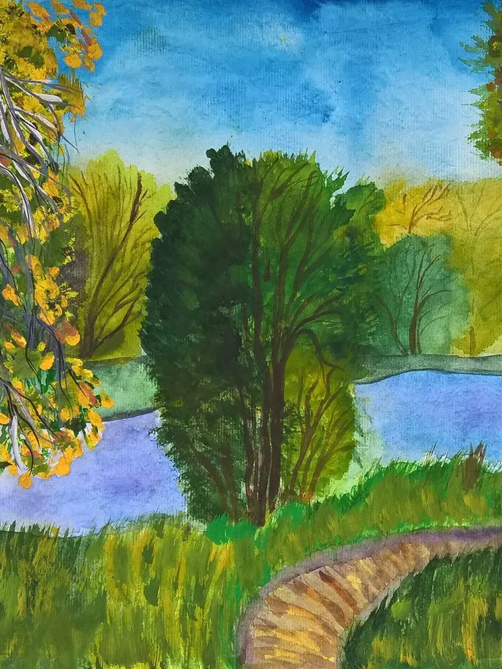 Watercolor painting of a birch and a river Autumn landscape in a watercolor painting Painting of nature Original watercolor painting