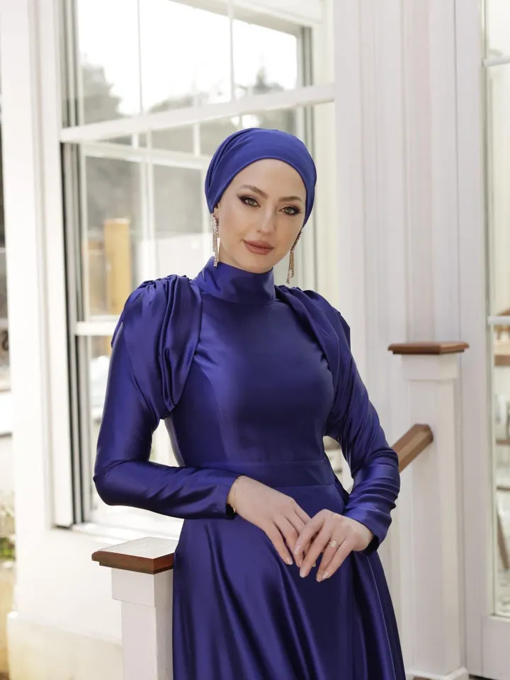 Azha Ahunare Navy Blue Satin Wedding Dress, Muslim Evening Gown, Nikah, Islamic Wedding, Engagement, Bridesmaid, Maxi Dress