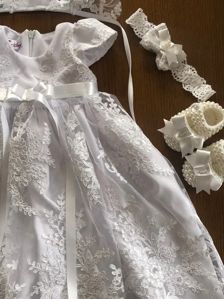 White dress with lace and sparkles, headband, bonnet, panties and shoes. Baptism outfit. Christening gown for baby girl.