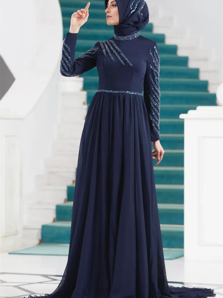 AHUNARE HIJAB - Liz  Navy Blue Chiffon Wedding Dress, Muslim Evening Gown, Nikah, Islamic Wedding, Engagement, Bridesmaid,