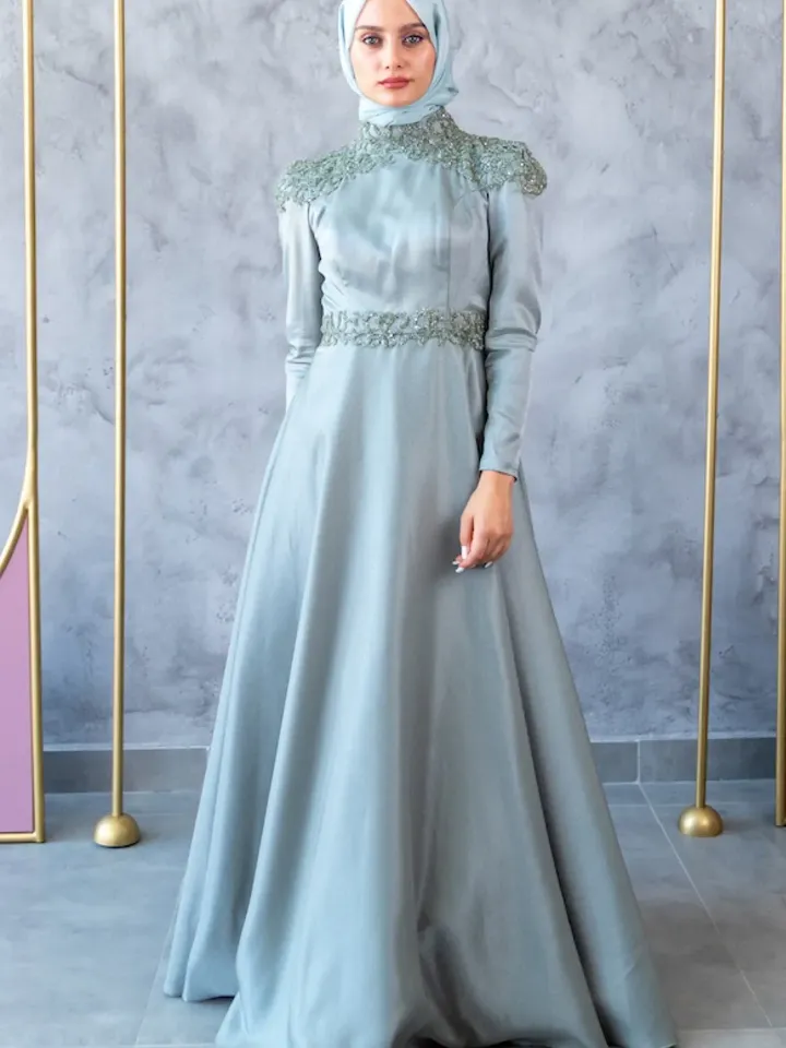 AHUNARE HIJAB - Bade Dress, Satin Dress, Mint Color, Muslim Evening Dress, Nikah, Wedding, Engagement, Bridesmaid, ,