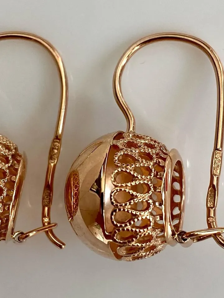 Vintage 14K Russian Earrings "Balls" without stone 583 With Star Rose Gold  Soviet Retro  Women's jewelry