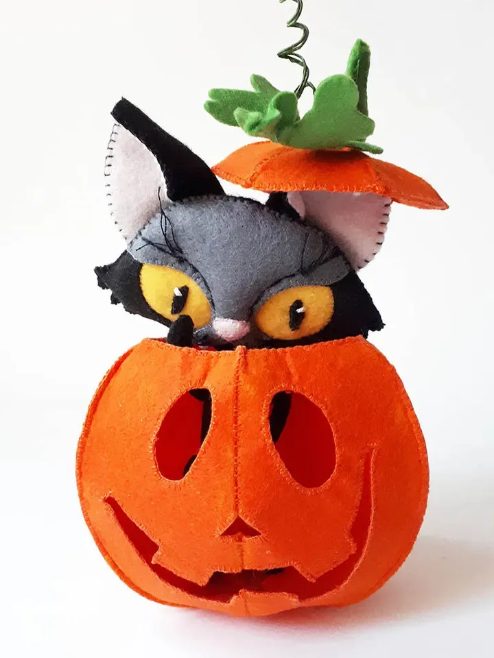 Black cat Halloween lights decoration , jack o lantern home decor felt pattern , black cat pumpkin tiered tray decor