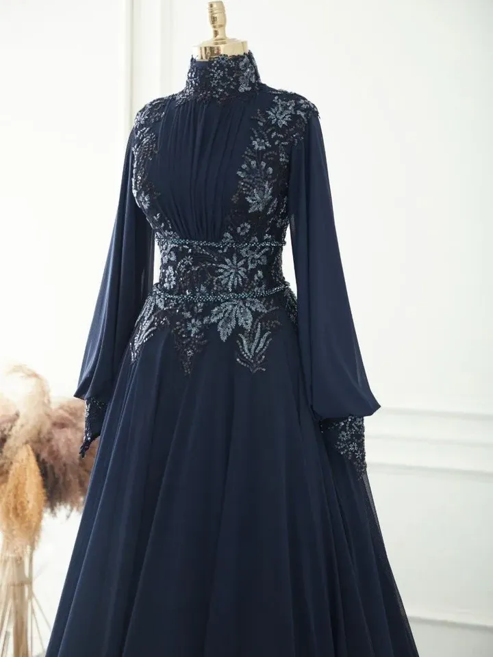 AHUNARE HIJAB - Neva Navy Blue Embroidered Wedding Dress, Muslim Evening Gown, Nikah, Islamic Wedding, Engagement, Bridesmaid,