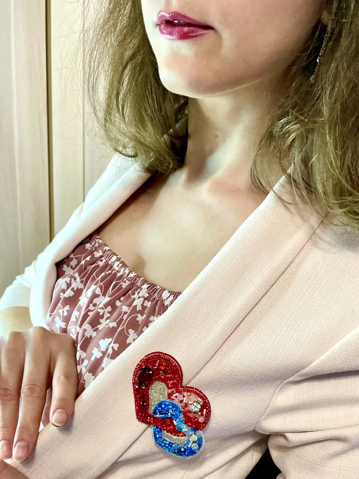 Beaded Brooch Hearts in Red and Blue Color, Handmade Embroidered Accessory, Pin Brooch, Heart Brooch