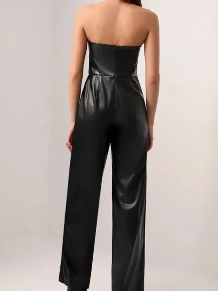 Faux PU Leather Strapless Backless Pocket Wide Leg Tube Jumpsuit Women Ladies Casual Party Club
