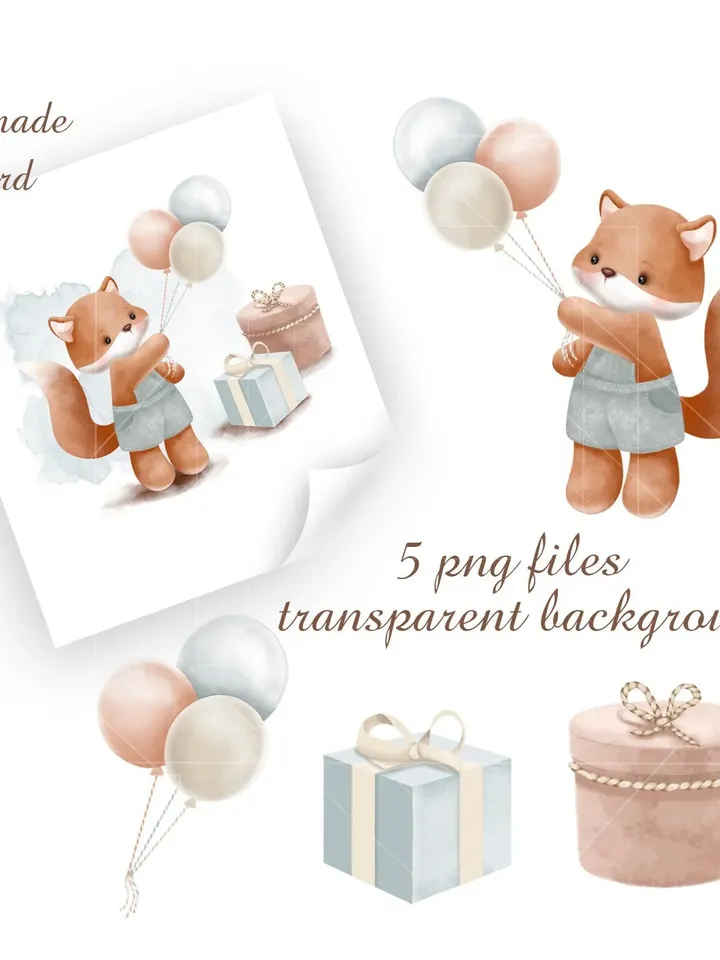 fox watercolor png ~ babyshower ~ birthday Clipart ~ forest wild animal ~ cartoon illustration ~ postcard invitation ~ air balloon poster