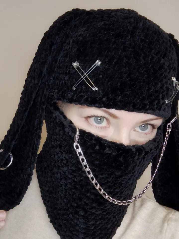 Black bunny balaclava crochet Balaclava with bunny ears Halloween bunny full face mask Creepy bunny balaclava