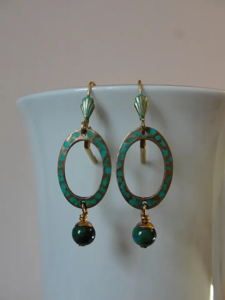 Boho Shabby chic Vintaj solid and natural brass Chrysocolla earrings Textured patinated
