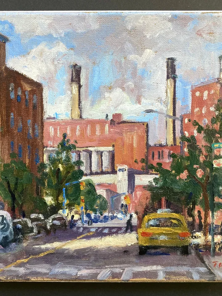 East Village NYC Cityscape Painting -From Avenue D- 8x8 Oil on Canvas, Urban Impressionist Fine Art, Signed Original