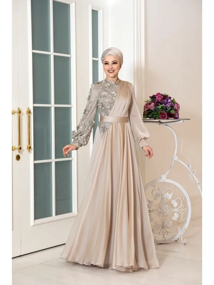 AHUNARE HIJAB - Melissa Gold Chiffon Belted Wedding Dress, Muslim Evening Gown, Nikah, Islamic Wedding, Engagement, Bridesmaid,