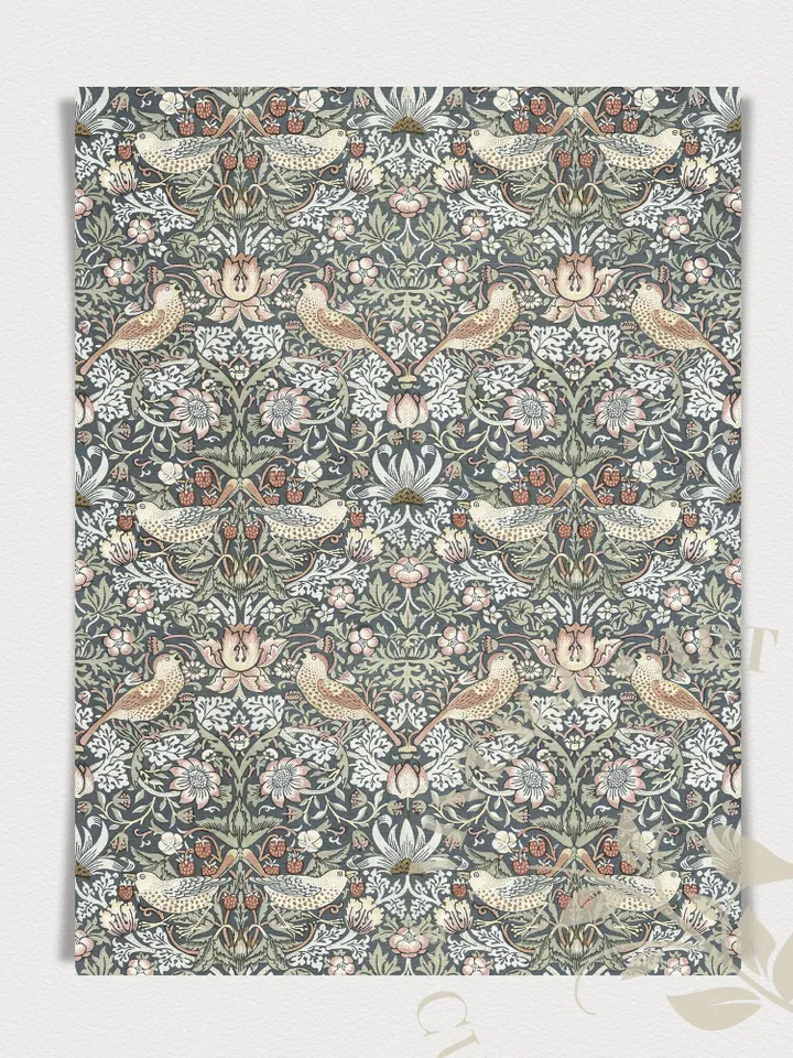 Muted Blue Fabric Wall Art Vintage Print, William Morris Abstract Flowers Bird Pattern Artwork PRINTABLE Decor | #206