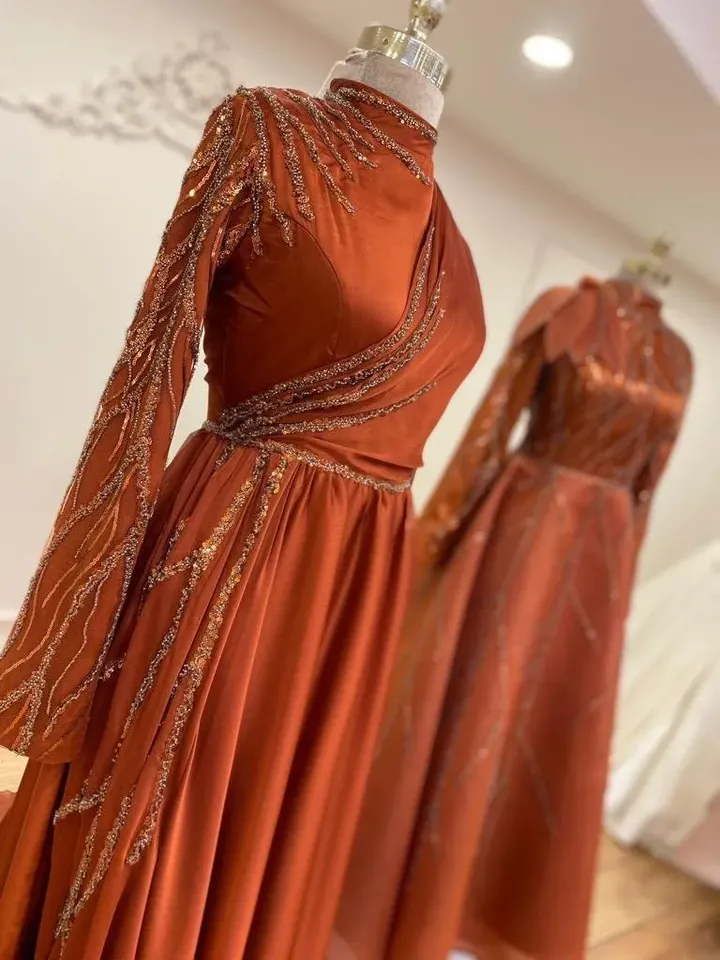 AHUNARE HIJAB - Şura Copper Tone Chiffon Tailed Wedding Dress, Muslim Evening Gown, Nikah, Islamic Wedding, Engagement, Bridesmaid,