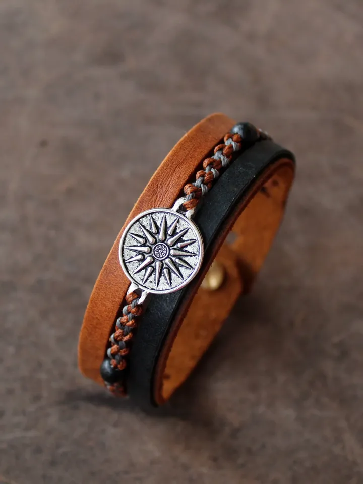 Vergina Sun, Men Leather Strap Bracelet, Double Sided Charm, Alexander the Great, Greek Leather Bracelet, Multistrand, Macrame, Gift for Him