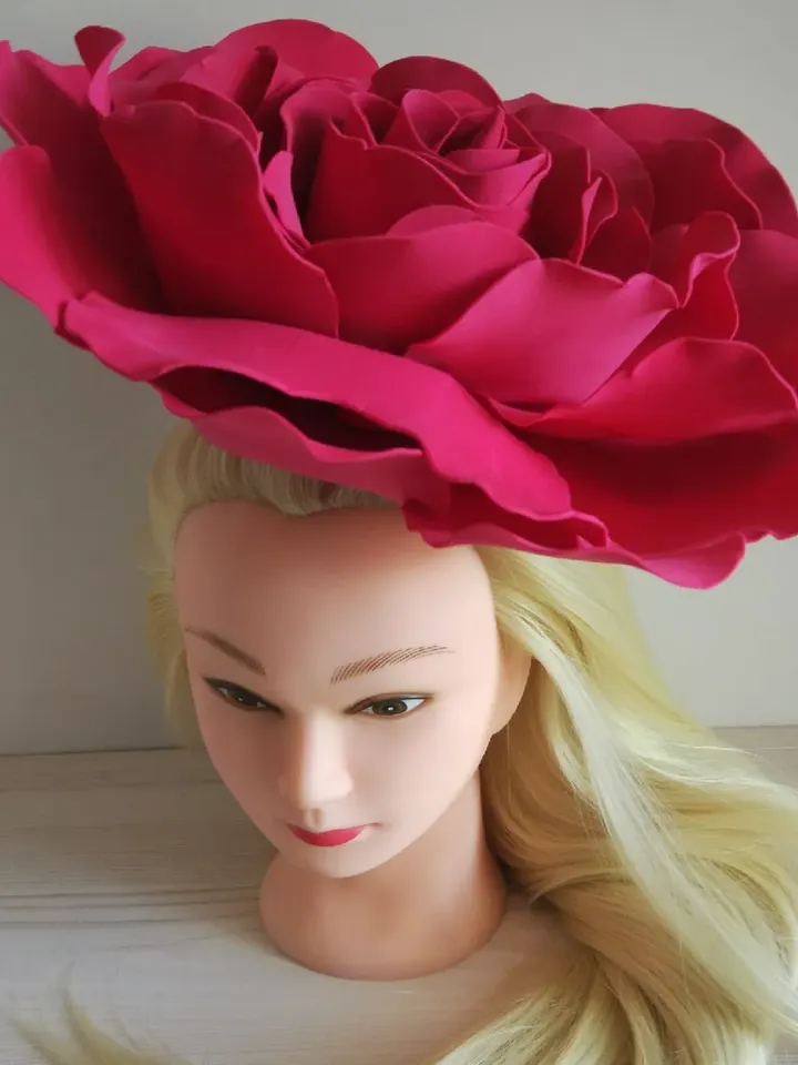 Big Rose Derby hat Wedding Fascinator 13" Bridal Headband crimson giant flowers Hair Clip Vintage hairpins