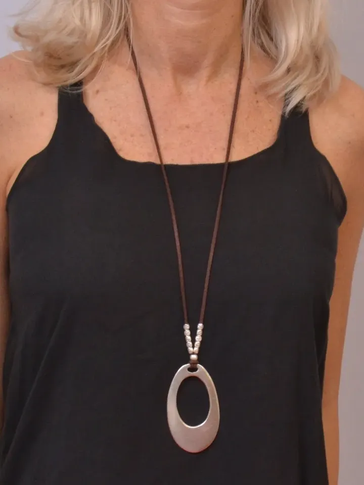 Matte Gold Oval Pendant Necklace - Boho Suede Leather Long Necklace - Everyday Women Statement Jewelry - Large Oval Charm - Gifts for Her
