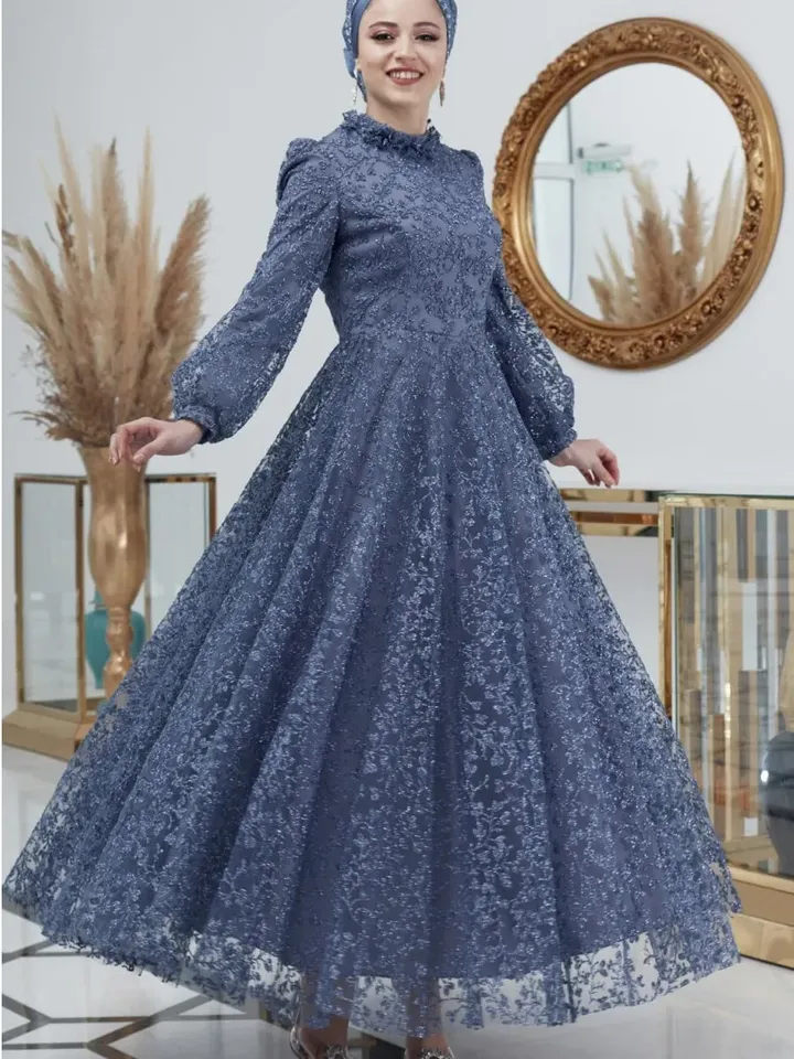 AHUNARE HIJAB - Orkide Blue Tulle Wedding Dress, Muslim Evening Gown, Nikah, Islamic Wedding, Engagement, Bridesmaid,