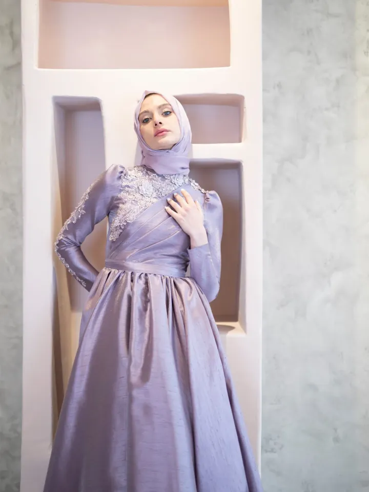 AHUNARE HIJAB - Şakayık Lilac Tefetta Wedding Dress, Muslim Evening Gown, Nikah, Islamic Wedding, Engagement, Bridesmaid,