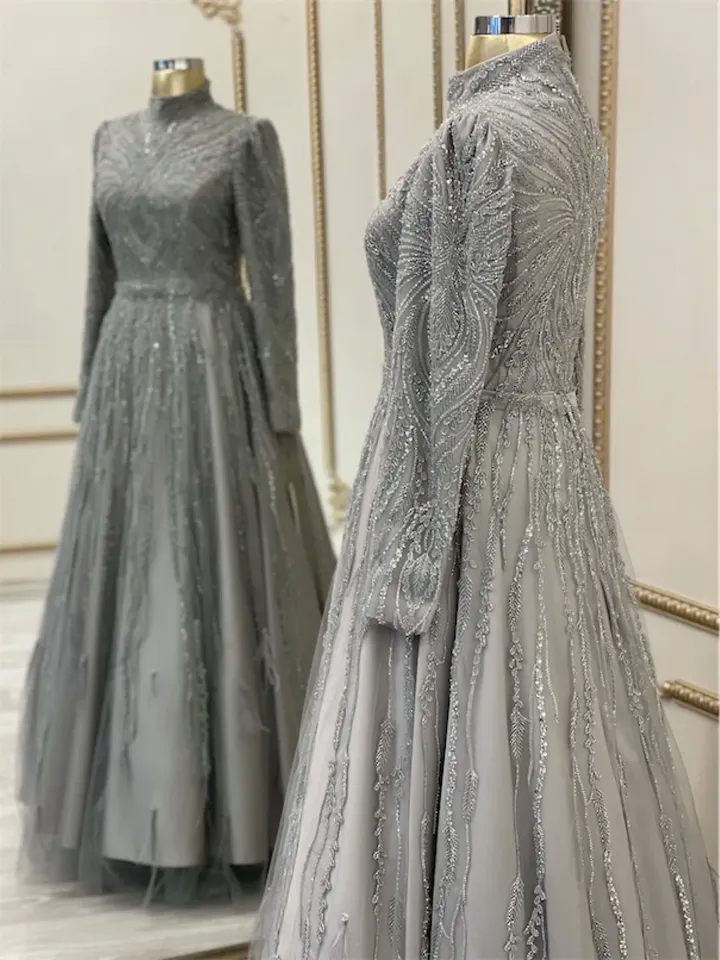 AHUNARE HIJAB - Hayal  Grey Embroidered Tulle  Wedding Dress, Muslim Evening Gown, Nikah, Islamic Wedding, Engagement, Bridesmaid,