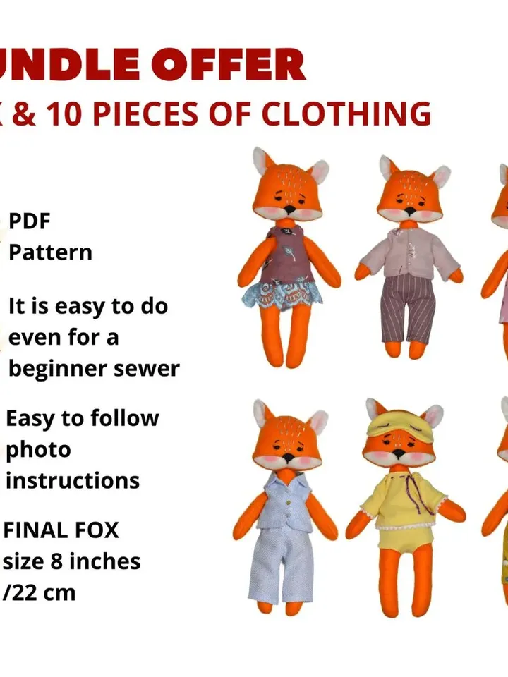 Patterns of a Fox Doll and a set of clothes for her. Bundle offer / Easy to follow photo instructions