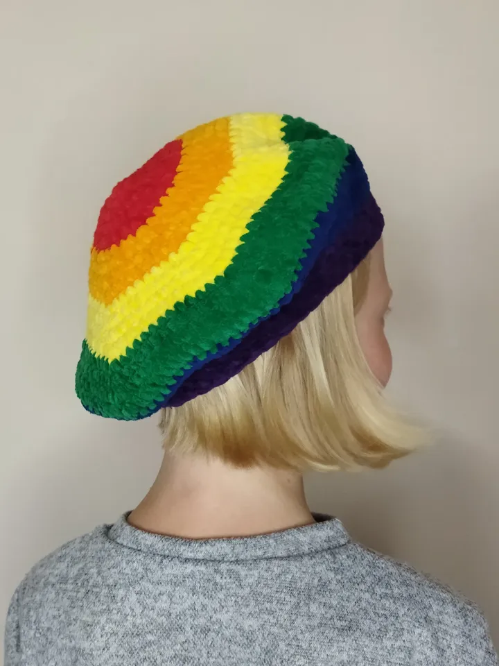 Rainbow beret hat crochet. French beret for teens. Lgbtq pride beret hat. Fluffy beret hat hand knit