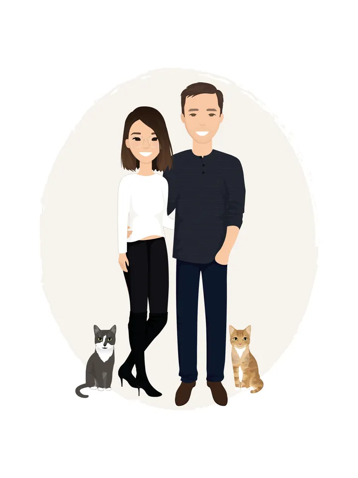 Custom Couple Portrait with pet, Christmas illustration, First paper housewarming gift