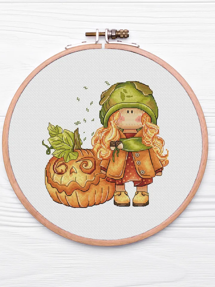 Girl Cross Stitch Pattern, Autumn Cross Stitch PDF Instant Download, Pumpkin Cross Stitch Pattern, Little Girl Counted Pdf Chart