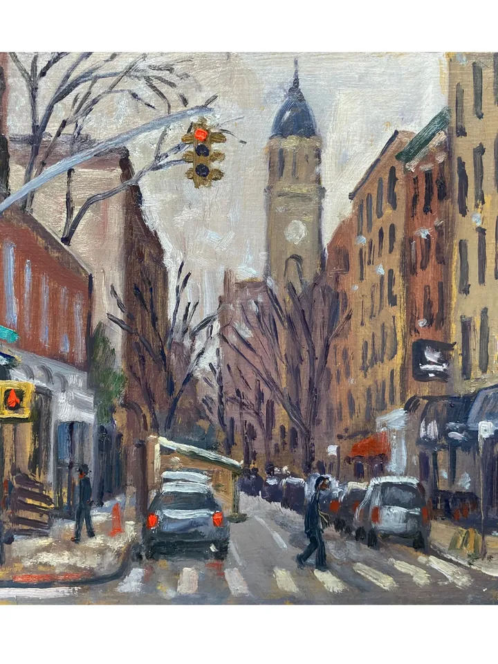 Original New York Cityscape Painting - From Avenue B/East Village/NYC - 8x8 Oil on Panel, Urban Impressionist Fine Art Landscape