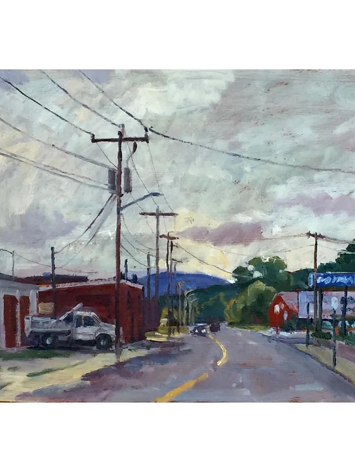 Original Cityscape Painting - North Adams/Mass Moca- 10x16 Oil on Panel, American Street Scene, Urban Impressionist Landscape