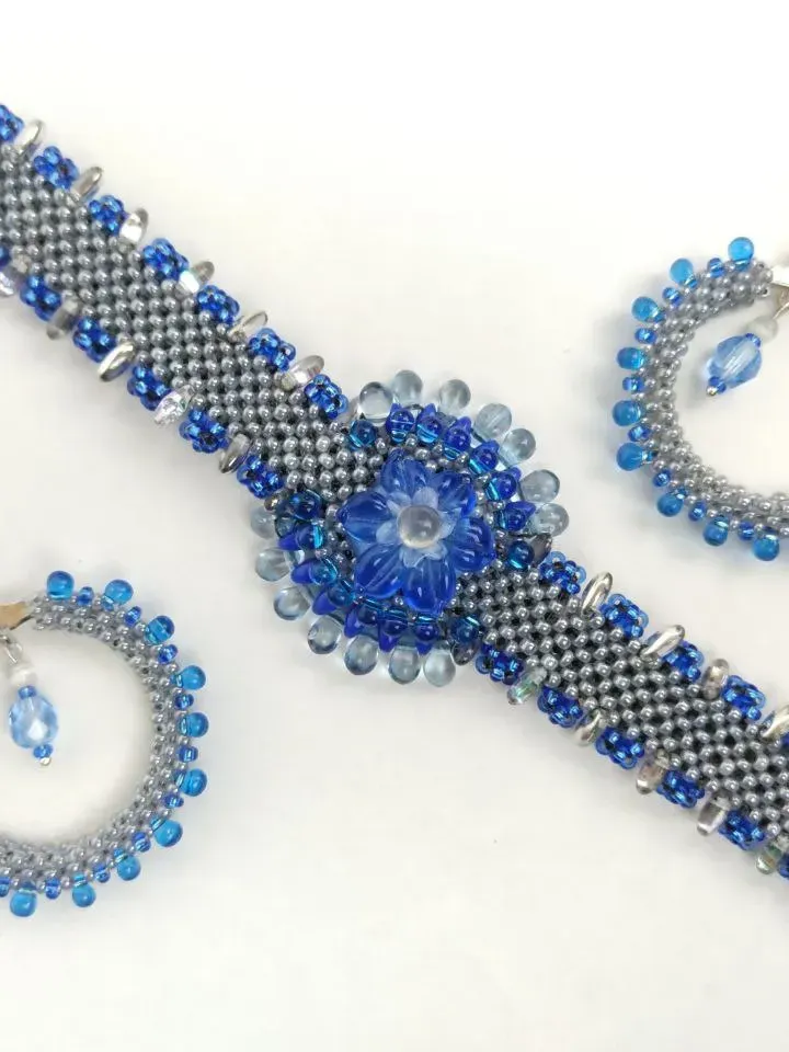 Ring earrings with blue beads drops large fashionable earrings
