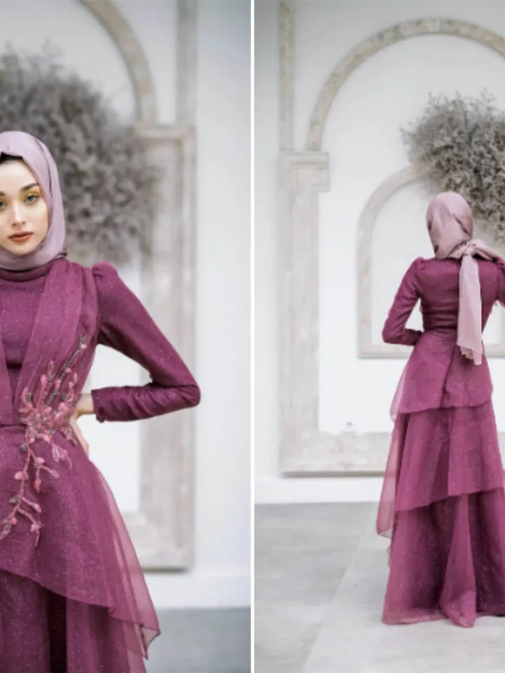 AHUNARE HIJAB - Sinem Fuchsia Silvery Wedding Dress, Muslim Evening Gown, Nikah, Islamic Wedding, Engagement, Bridesmaid,