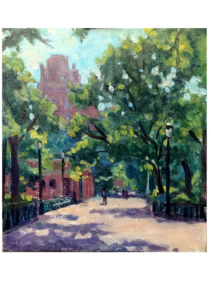 East Village Oil Painting Landscape -Morning Light/Tompkins Square Park/NYC- 7x7 Oil on Panel, New York City Impressionism, Signed Original