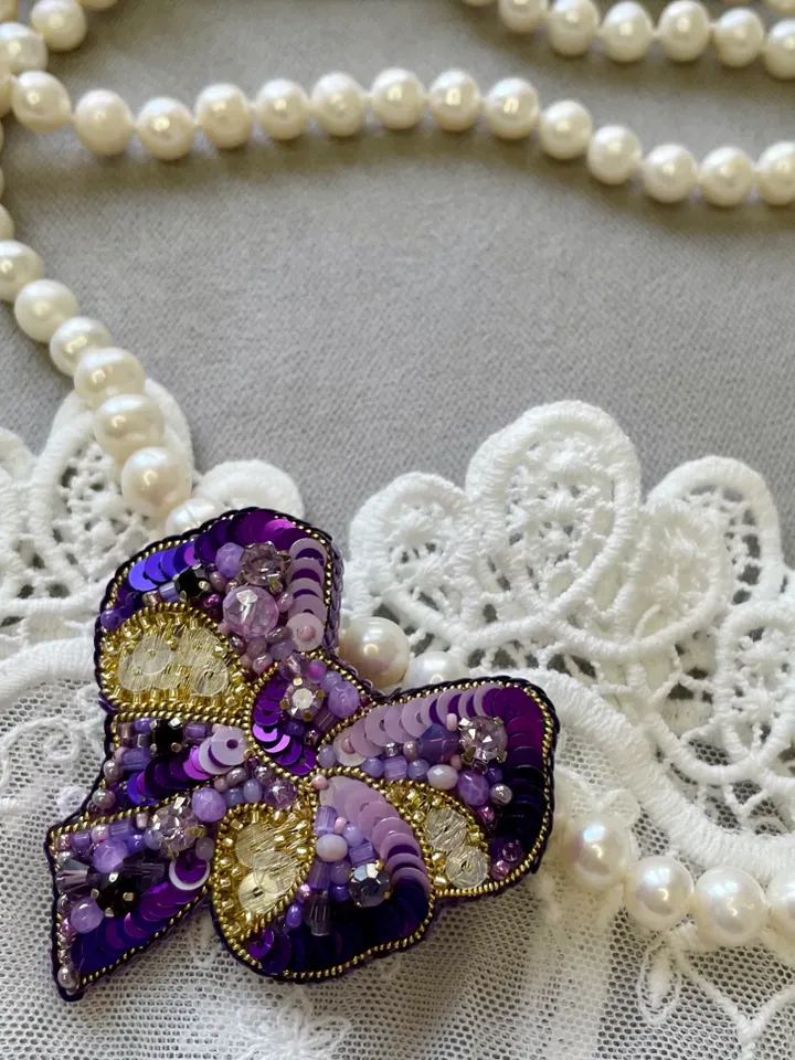 Beaded Brooch Exquisite Purple Bow In Gold, Handmade Embroidered Jewelry, Delicate Brooch, Pin Purple, Embroidery