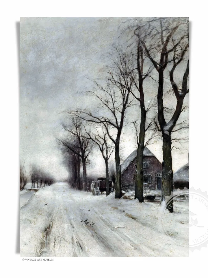 Vintage Winter Landscape With a Farm Painting, Moody Holiday Wall Decor, Printable Digital Download | 353