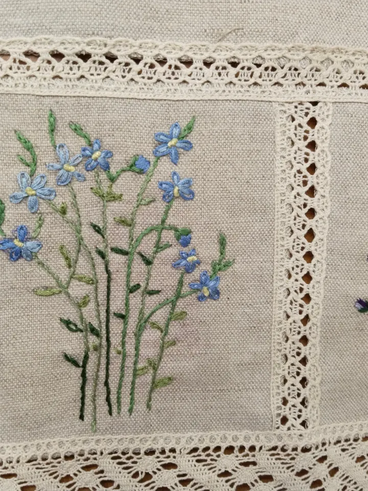 Beautiful table napkin or wall hanging with embroidery flowering herbs, pure, raw, thick, linen. Hand embroidery.