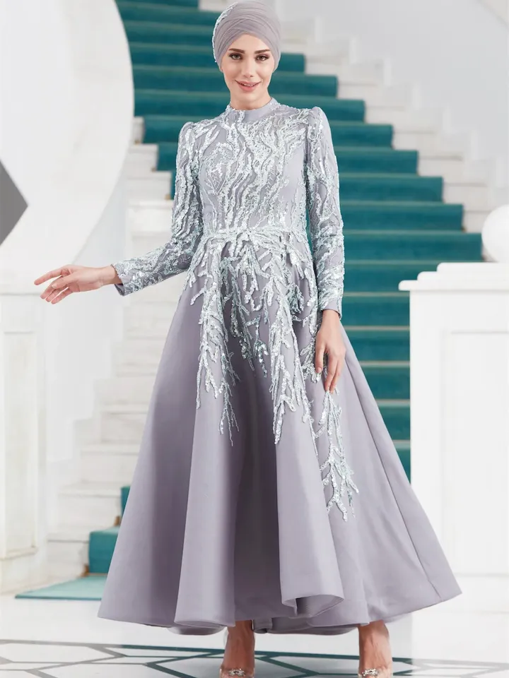 AHUNARE HIJAB - Yıldız Musty Green Embroidered Wedding Dress, Muslim Evening Gown, Nikah, Islamic Wedding, Engagement, Bridesmaid,