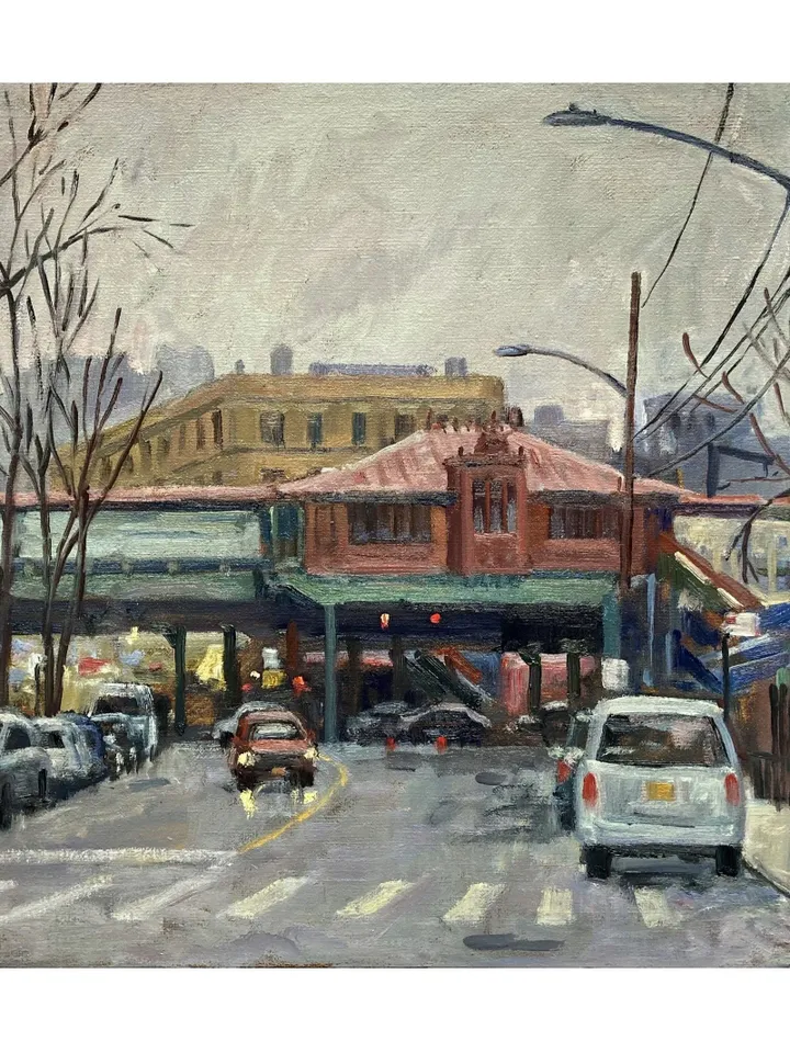 Original Bronx Oil Painting - Rainy 238th Street/NYC- 14x20 Oil on Canvas, Urban Impressionist Street Scene, Signed Original