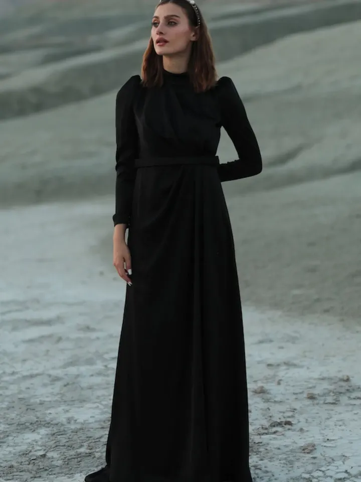AHUNARE HIJAB - Irem Dress, Satin Dress, Black Color, Muslim Evening Dress, Nikah, Wedding, Engagement, Bridesmaid, ,