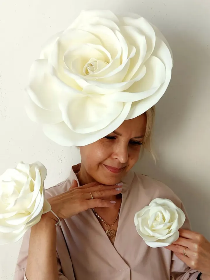 Large roses fascinator, wedding set of 3 white roses: headband, bracelet, brooch, bridesmaids in one style, Big flowers hair pin
