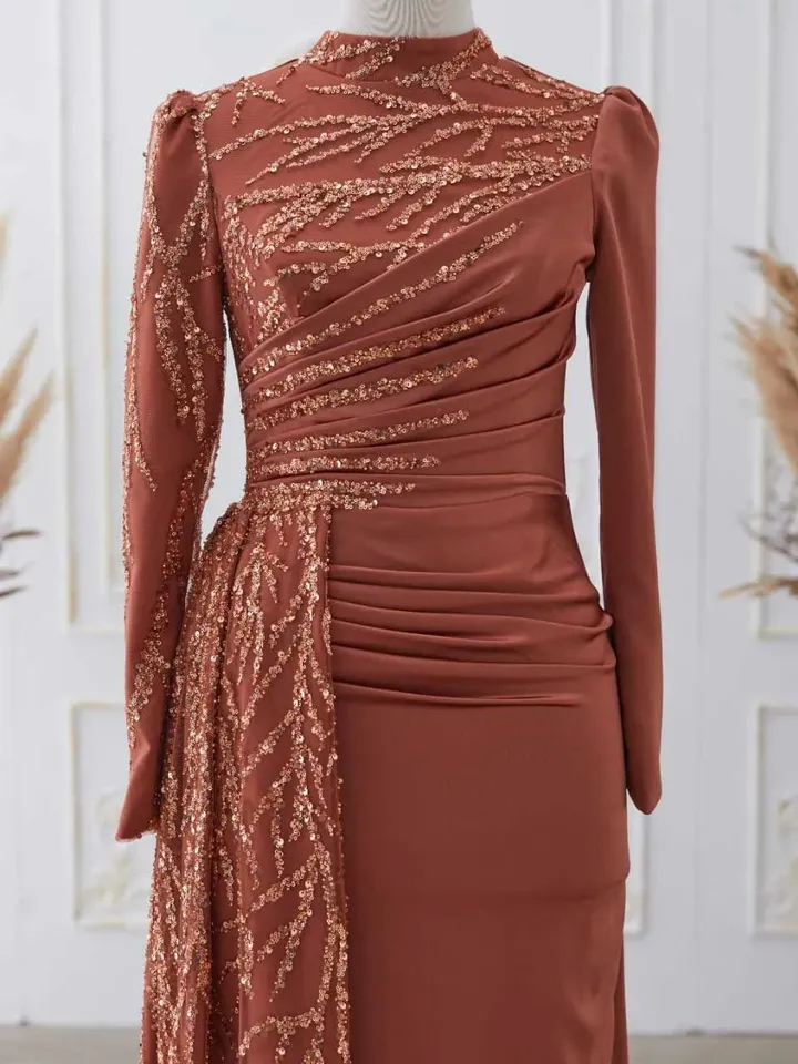 Güneş Brick Color Side-tTailed Satin Embroidered Ahunare Wedding Dress, Muslim Evening Gown, Wedding, Engagement, Bridesmaid, Maxi Dress
