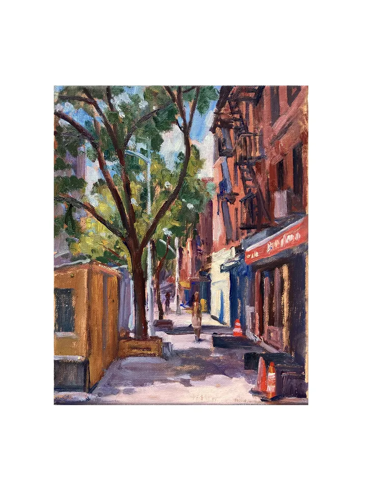 East Village Cityscape Painting - From East 6th Street/NYC - 8x10 Oil on Linen, Urban Impressionist Oil, Signed Original