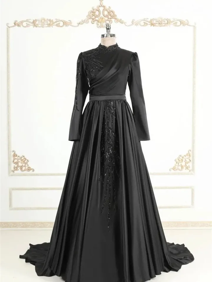 AHUNARE HIJAB - Hürrem Black Embroidered Wedding Dress, Muslim Evening Gown, Nikah, Islamic Wedding, Engagement, Bridesmaid,