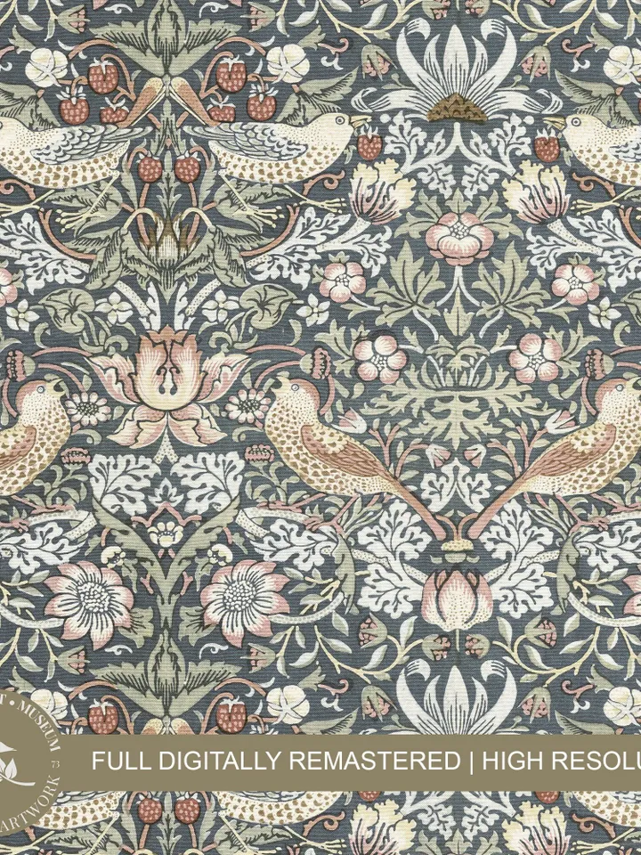 Muted Blue Fabric Wall Art Vintage Print, William Morris Abstract Flowers Bird Pattern Artwork PRINTABLE Decor | #206