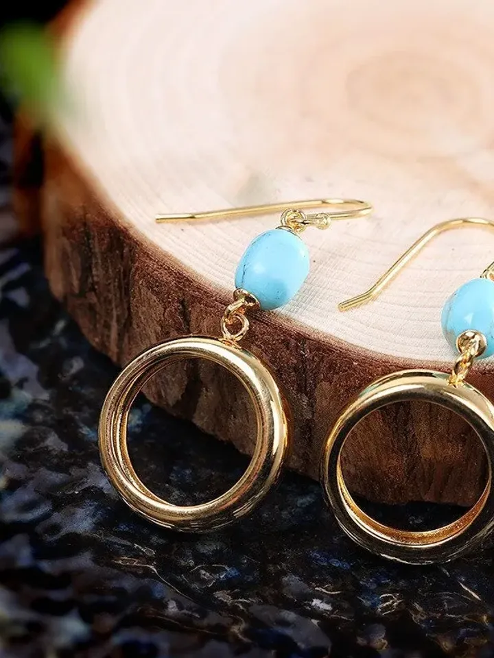 Turquoise Gold Hoop Earrings, Gemstone Hoop Earrings, Turquoise Dangle Hoop Earrings, Bohemian Hoop Earrings, Turquoise Hoop Drop Earrings