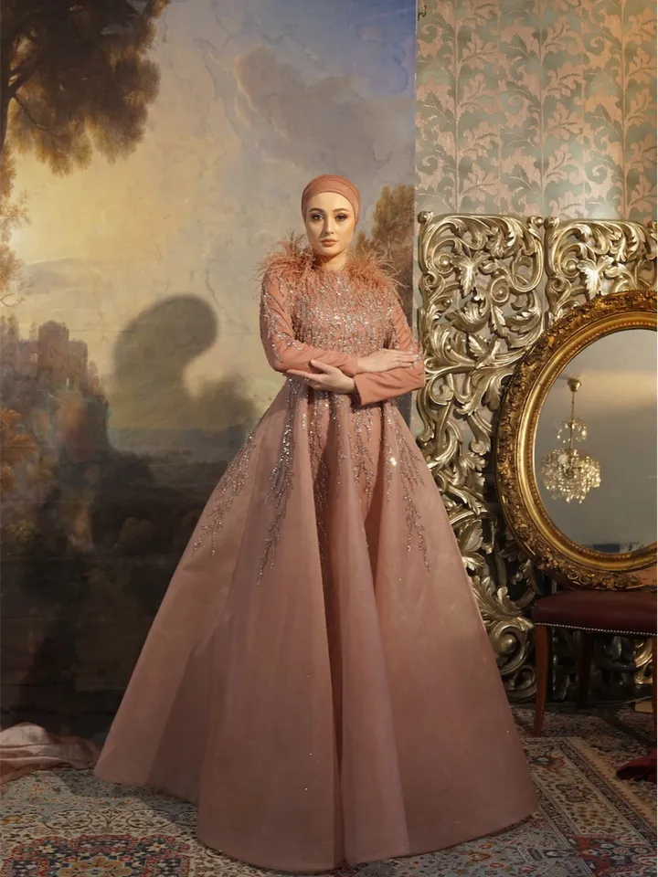 AHUNARE HIJAB - Diamond Copper Embroidered Wedding Dress, Muslim Evening Gown, Nikah, Islamic Wedding, Engagement, Bridesmaid,