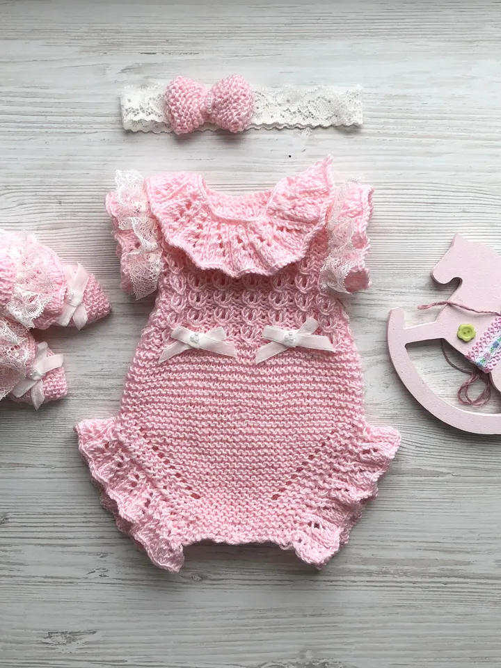 Pink knit romper with headband and booties for baby girl. Pink outfit with ivory lace, pearls and ribbon for baby. Hand made clothing set.