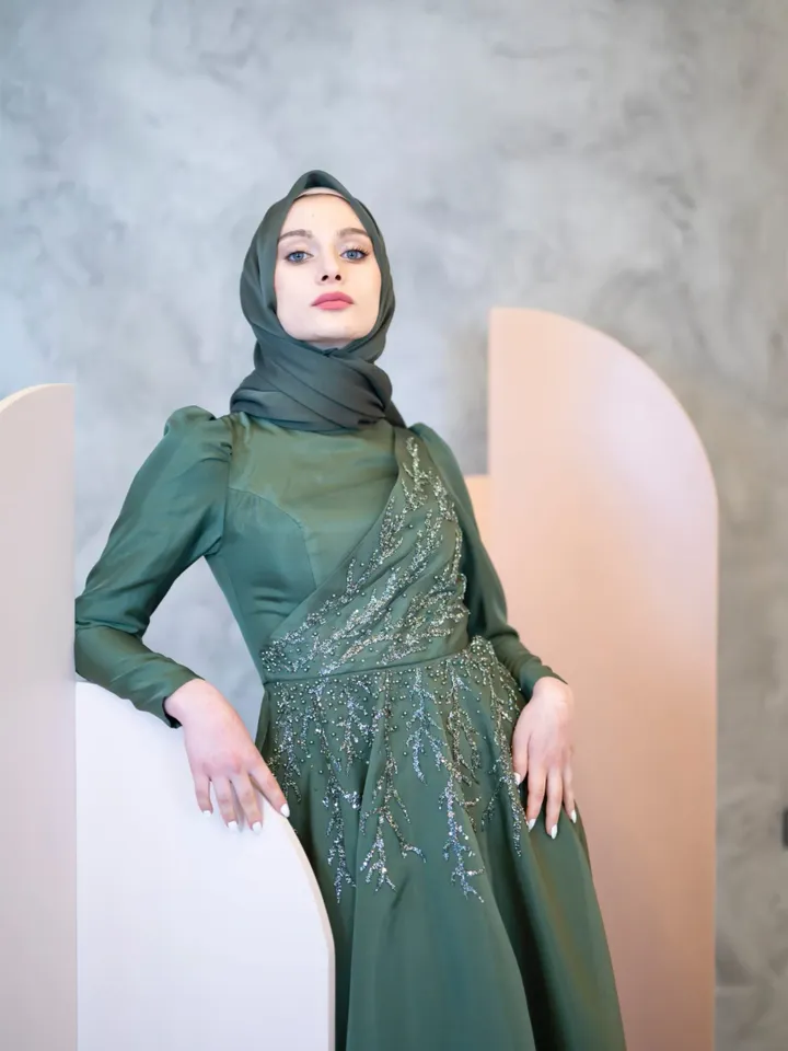 Dilnur Green Ahunare Embroidered Wedding Dress, Muslim Evening Gown, Nikah, Islamic Wedding, Engagement, Bridesmaid, Maxi Dress