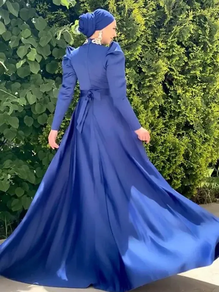 Ahsen Navy Blue Satin Tailed Embroidered Ahuanre Wedding Dress, Muslim Evening Gown, Islamic Wedding, Engagement, Bridesmaid,