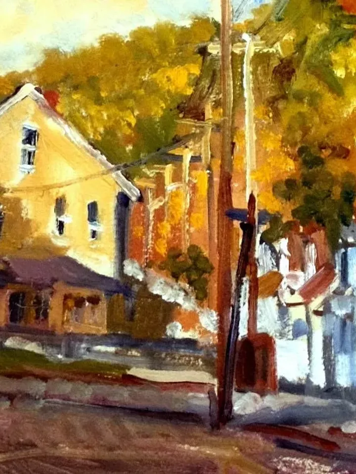 10x20 Autumn Landscape Painting -Houses and Poles/Fall Afternoon- Oil on Panel, Plein Air Impressionism, Signed Original American Fine Art
